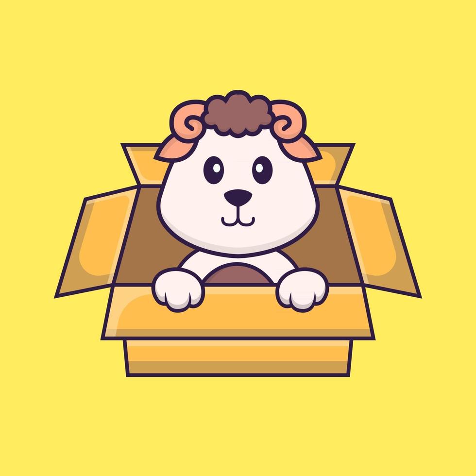 Cute sheep Playing In Box. Animal cartoon concept isolated. Can used for t-shirt, greeting card, invitation card or mascot. Flat Cartoon Style vector
