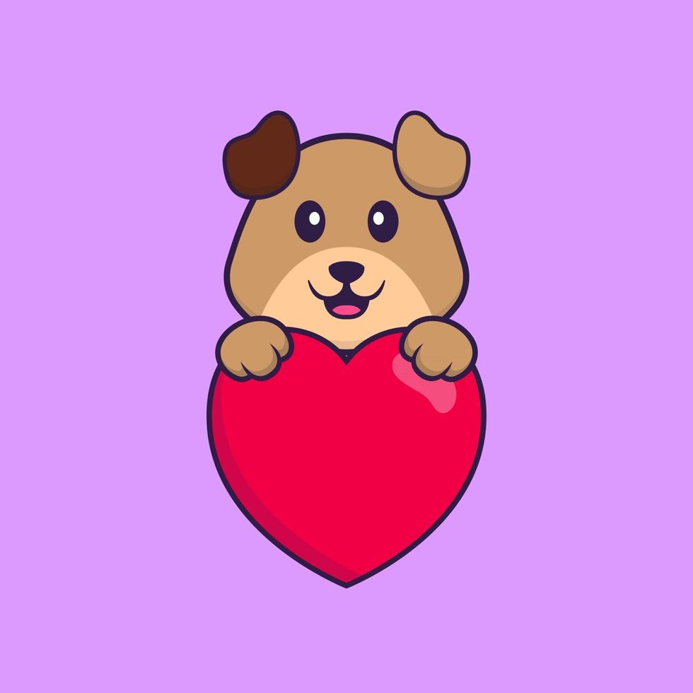 lindo perro sosteniendo un gran corazón rojo. aislado concepto de dibujos animados de animales. Puede utilizarse para camiseta, tarjeta de felicitación, tarjeta de invitación o mascota. estilo de dibujos animados plana vector