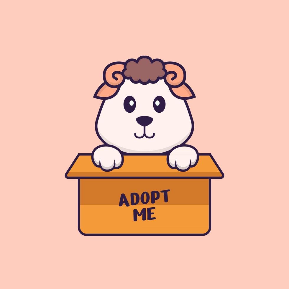 Cute sheep in box with a poster Adopt me. Animal cartoon concept isolated. Can used for t-shirt, greeting card, invitation card or mascot. Flat Cartoon Style vector