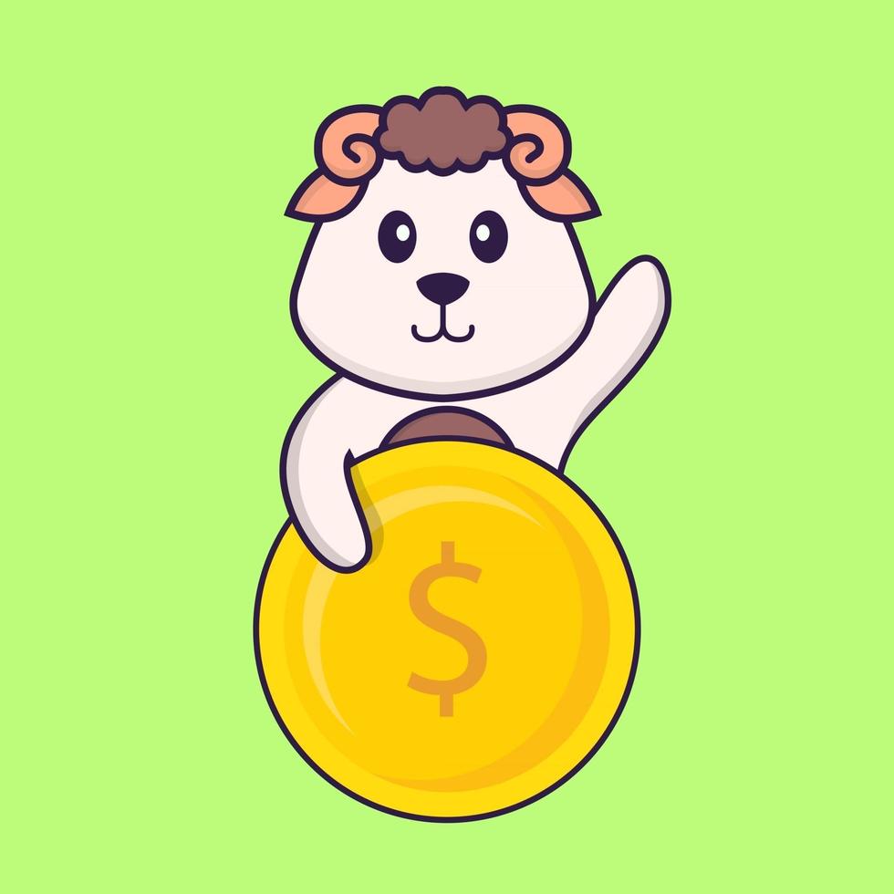 Cute sheep holding coin. Animal cartoon concept isolated. Can used for t-shirt, greeting card, invitation card or mascot. Flat Cartoon Style vector