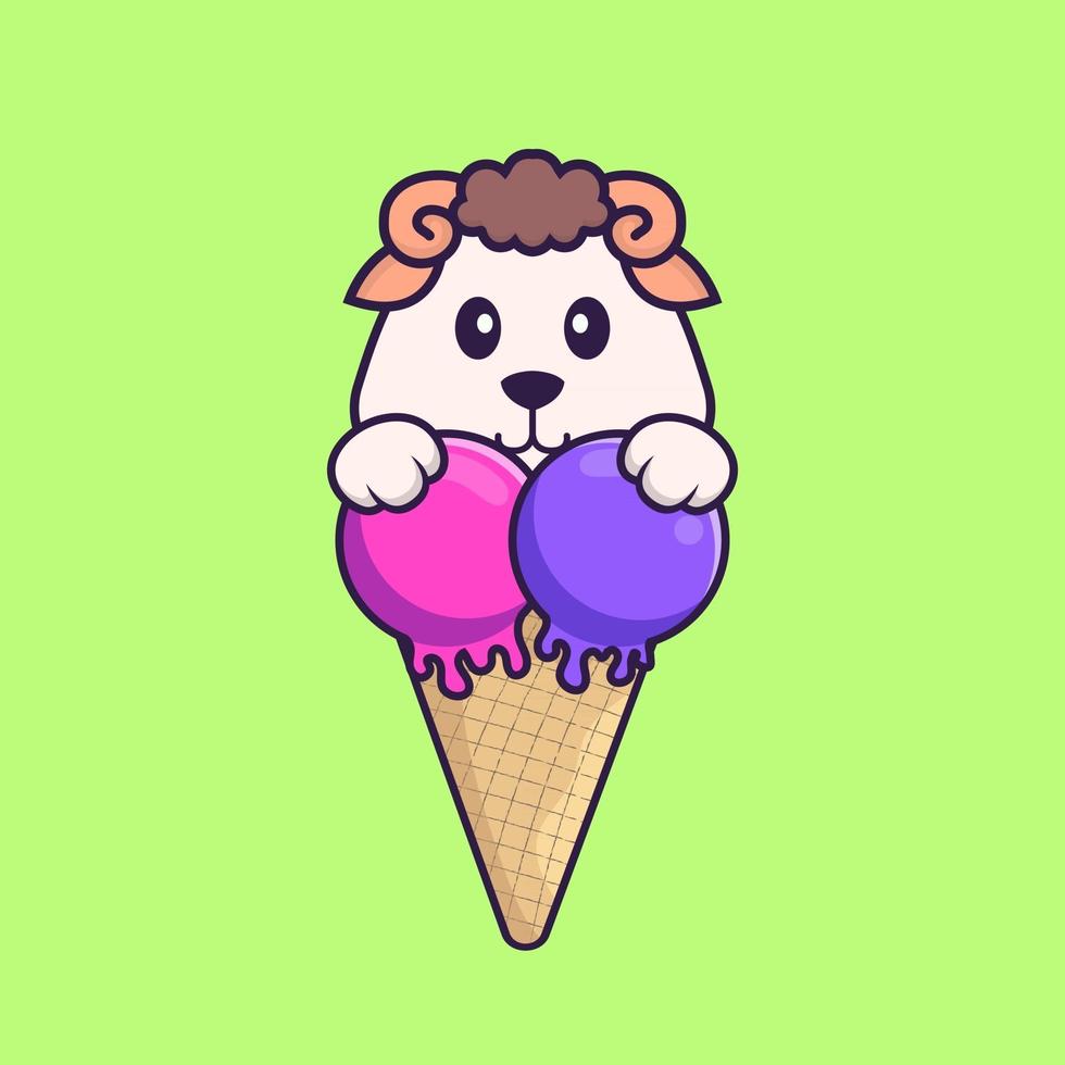 Cute sheep with sweet ice cream. Animal cartoon concept isolated. Can used for t-shirt, greeting card, invitation card or mascot. Flat Cartoon Style vector