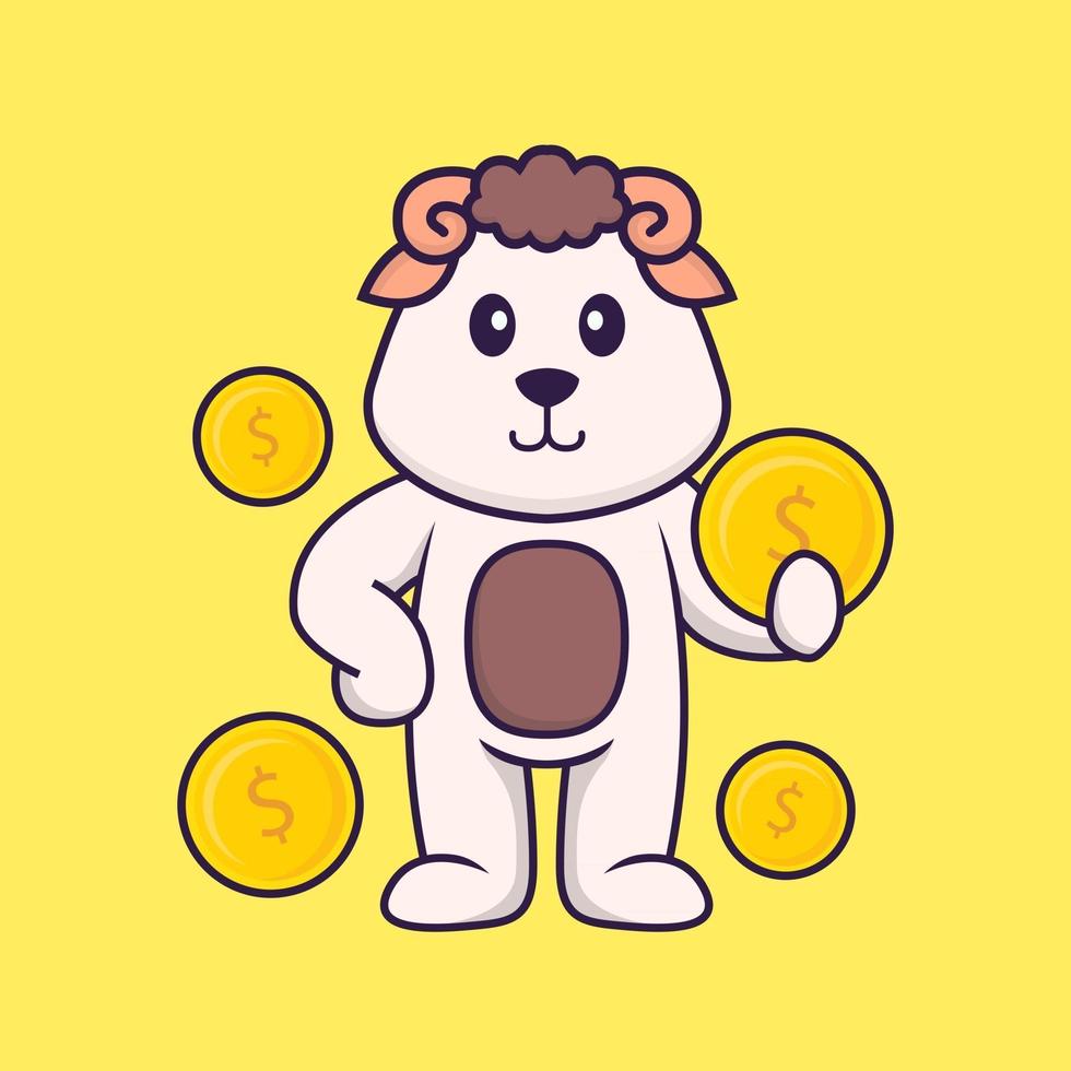 Cute sheep holding coin. Animal cartoon concept isolated. Can used for t-shirt, greeting card, invitation card or mascot. Flat Cartoon Style vector