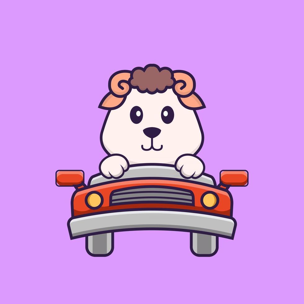 Cute sheep is driving. Animal cartoon concept isolated. Can used for t-shirt, greeting card, invitation card or mascot. Flat Cartoon Style vector