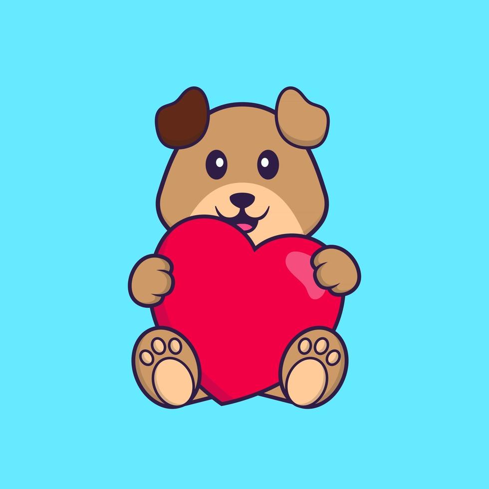 lindo perro sosteniendo un gran corazón rojo. aislado concepto de dibujos animados de animales. Puede utilizarse para camiseta, tarjeta de felicitación, tarjeta de invitación o mascota. estilo de dibujos animados plana vector