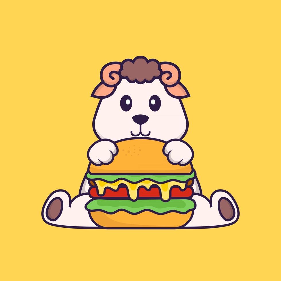 Cute sheep eating burger. Animal cartoon concept isolated. Can used for t-shirt, greeting card, invitation card or mascot. Flat Cartoon Style vector