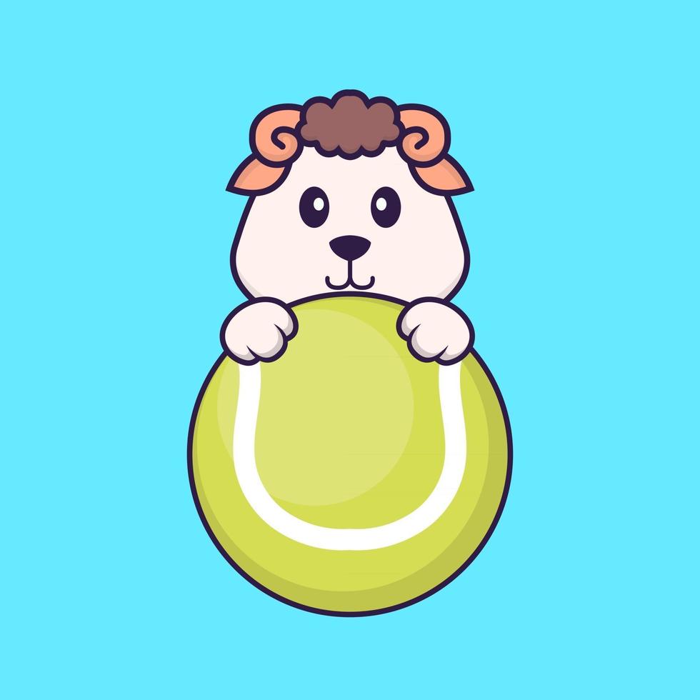 Cute sheep playing tennis. Animal cartoon concept isolated. Can used for t-shirt, greeting card, invitation card or mascot. Flat Cartoon Style vector