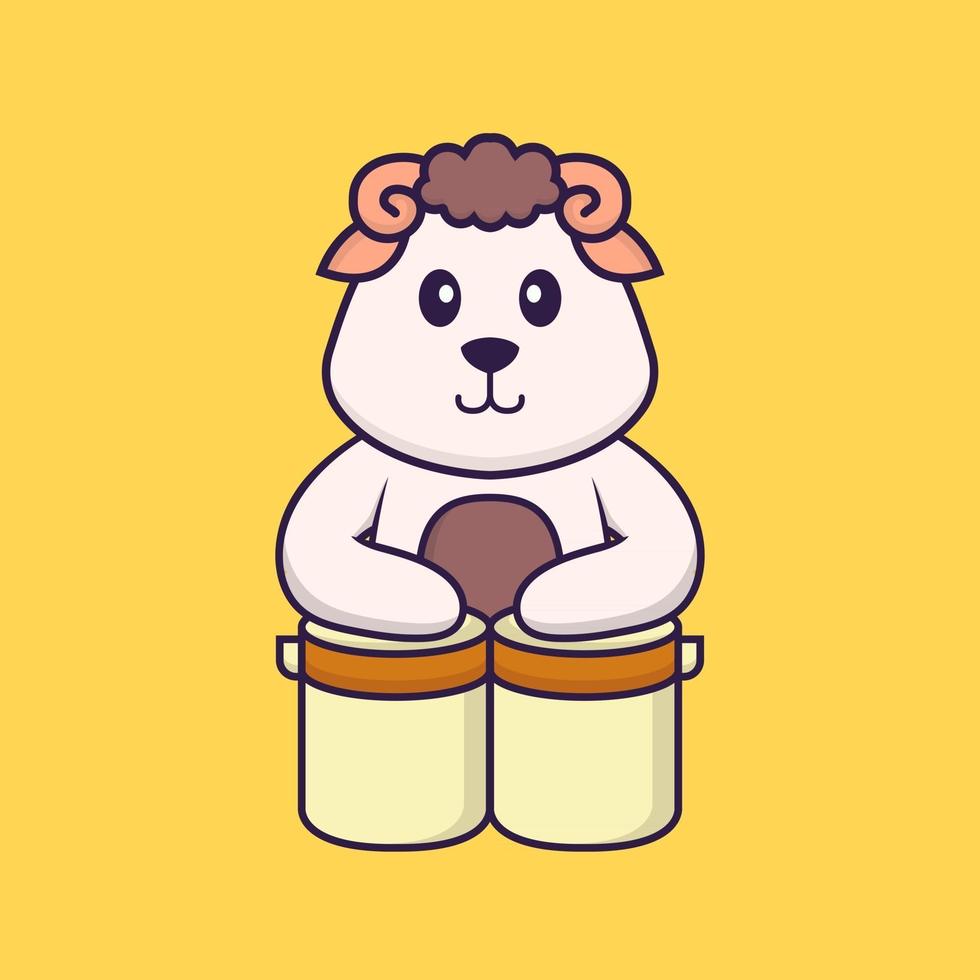 Cute sheep is playing drums. Animal cartoon concept isolated. Can used for t-shirt, greeting card, invitation card or mascot. Flat Cartoon Style vector