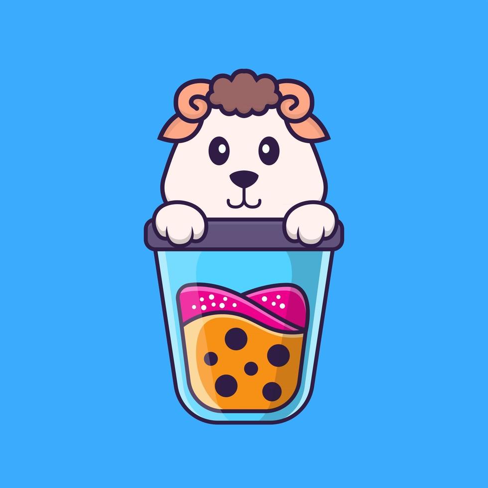 linda oveja bebiendo té con leche de boba. aislado concepto de dibujos animados de animales. Puede utilizarse para camiseta, tarjeta de felicitación, tarjeta de invitación o mascota. estilo de dibujos animados plana vector