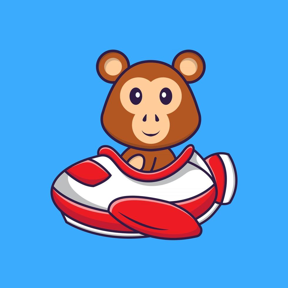 Cute monkey flying on a plane. Animal cartoon concept isolated. Can used for t-shirt, greeting card, invitation card or mascot. Flat Cartoon Style vector