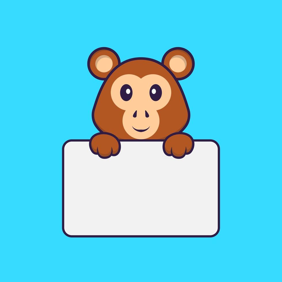 Cute monkey holding whiteboard. Animal cartoon concept isolated. Can used for t-shirt, greeting card, invitation card or mascot. Flat Cartoon Style vector