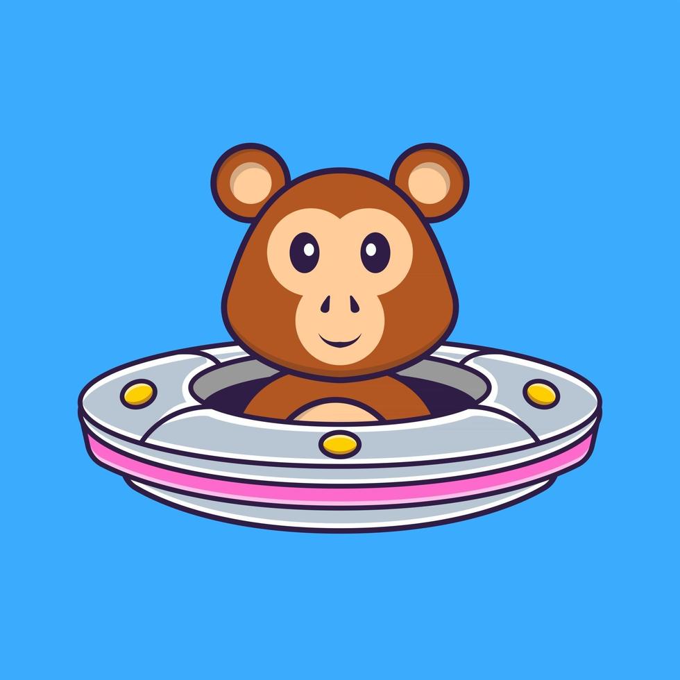 Cute monkey Driving Spaceship Ufo. Animal cartoon concept isolated. Can used for t-shirt, greeting card, invitation card or mascot. Flat Cartoon Style vector