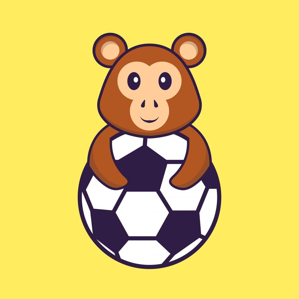 Cute monkey playing soccer. Animal cartoon concept isolated. Can used for t-shirt, greeting card, invitation card or mascot. Flat Cartoon Style vector