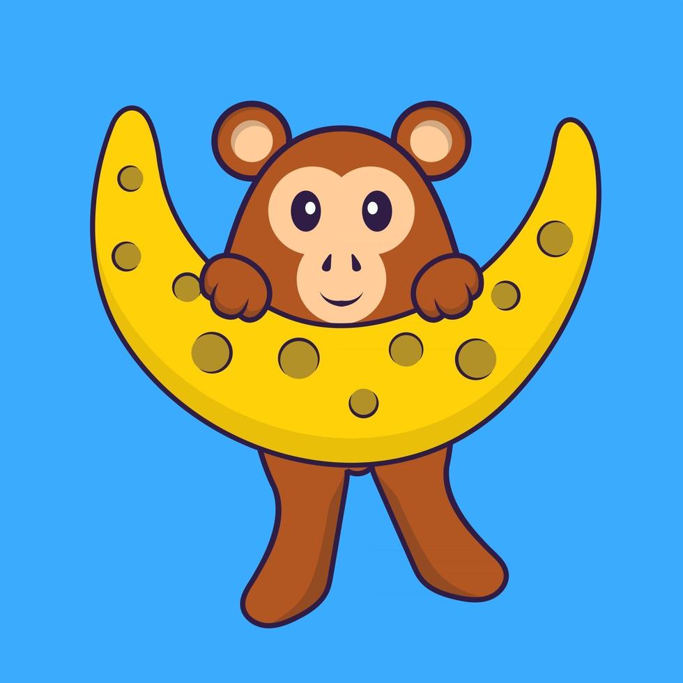 Cute monkey is on the moon. Animal cartoon concept isolated. Can used for t-shirt, greeting card, invitation card or mascot. Flat Cartoon Style vector