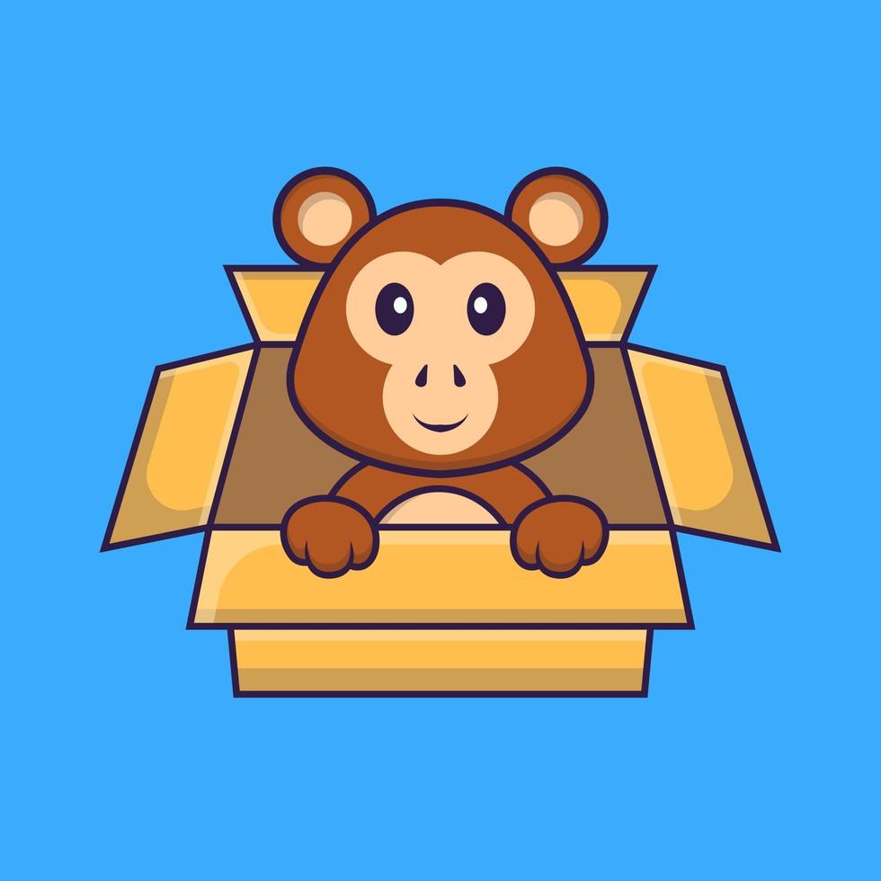 Cute monkey Playing In Box. Animal cartoon concept isolated. Can used for t-shirt, greeting card, invitation card or mascot. Flat Cartoon Style vector