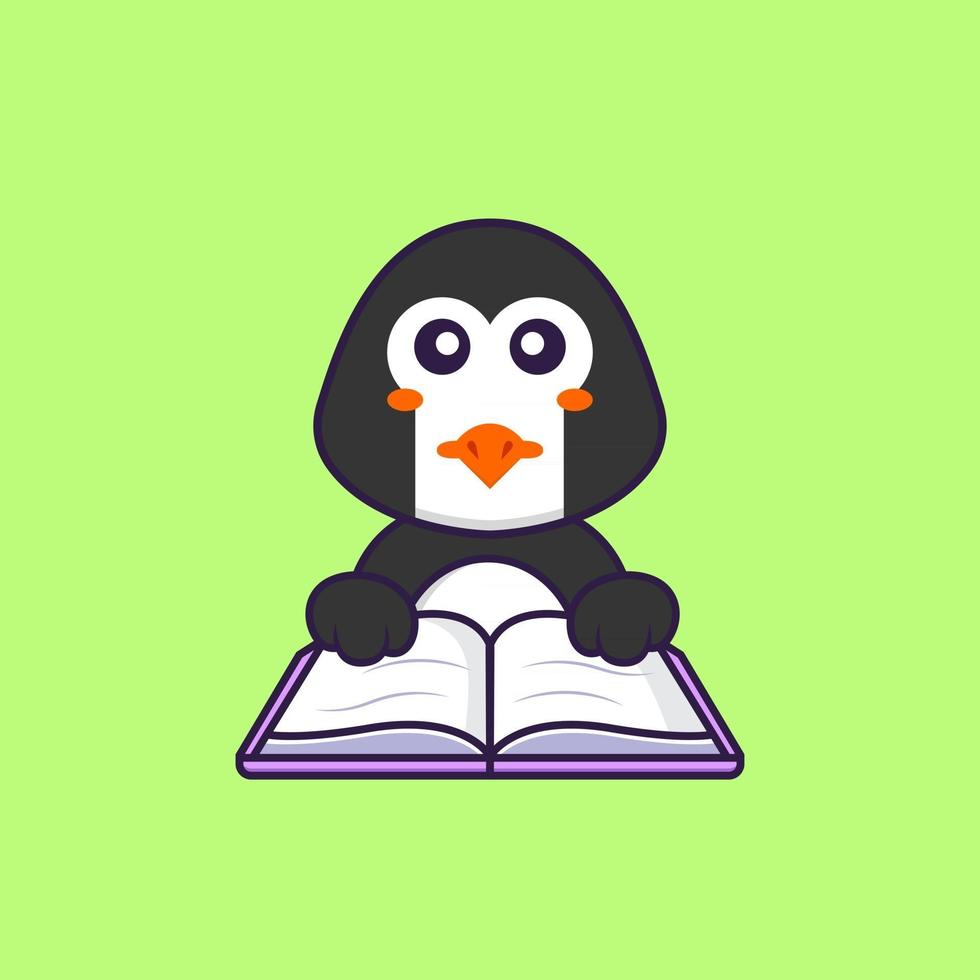 Cute penguin reading a book. Animal cartoon concept isolated. Can used for t-shirt, greeting card, invitation card or mascot. Flat Cartoon Style vector
