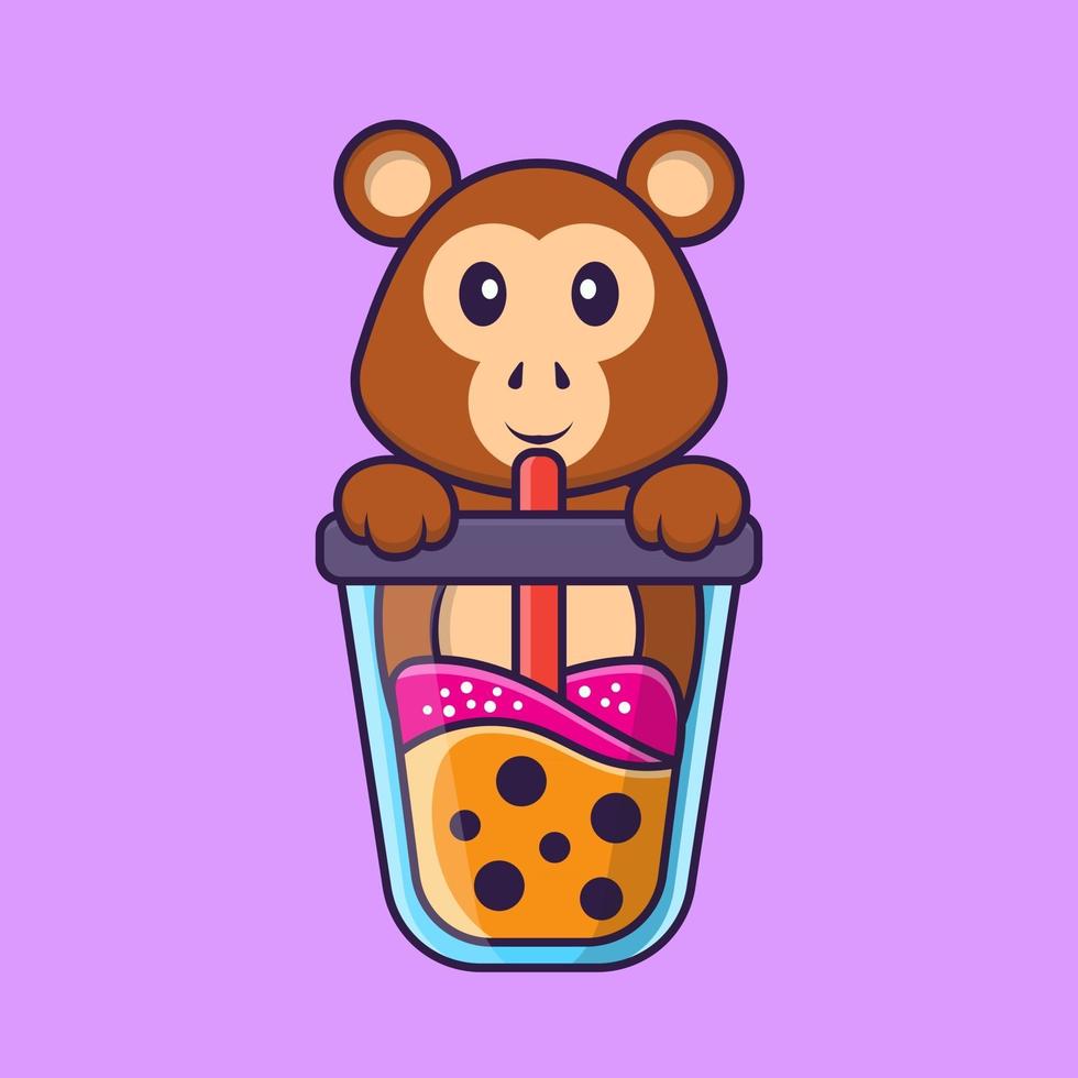 Cute monkey Drinking Boba milk tea. Animal cartoon concept isolated. Can used for t-shirt, greeting card, invitation card or mascot. Flat Cartoon Style vector