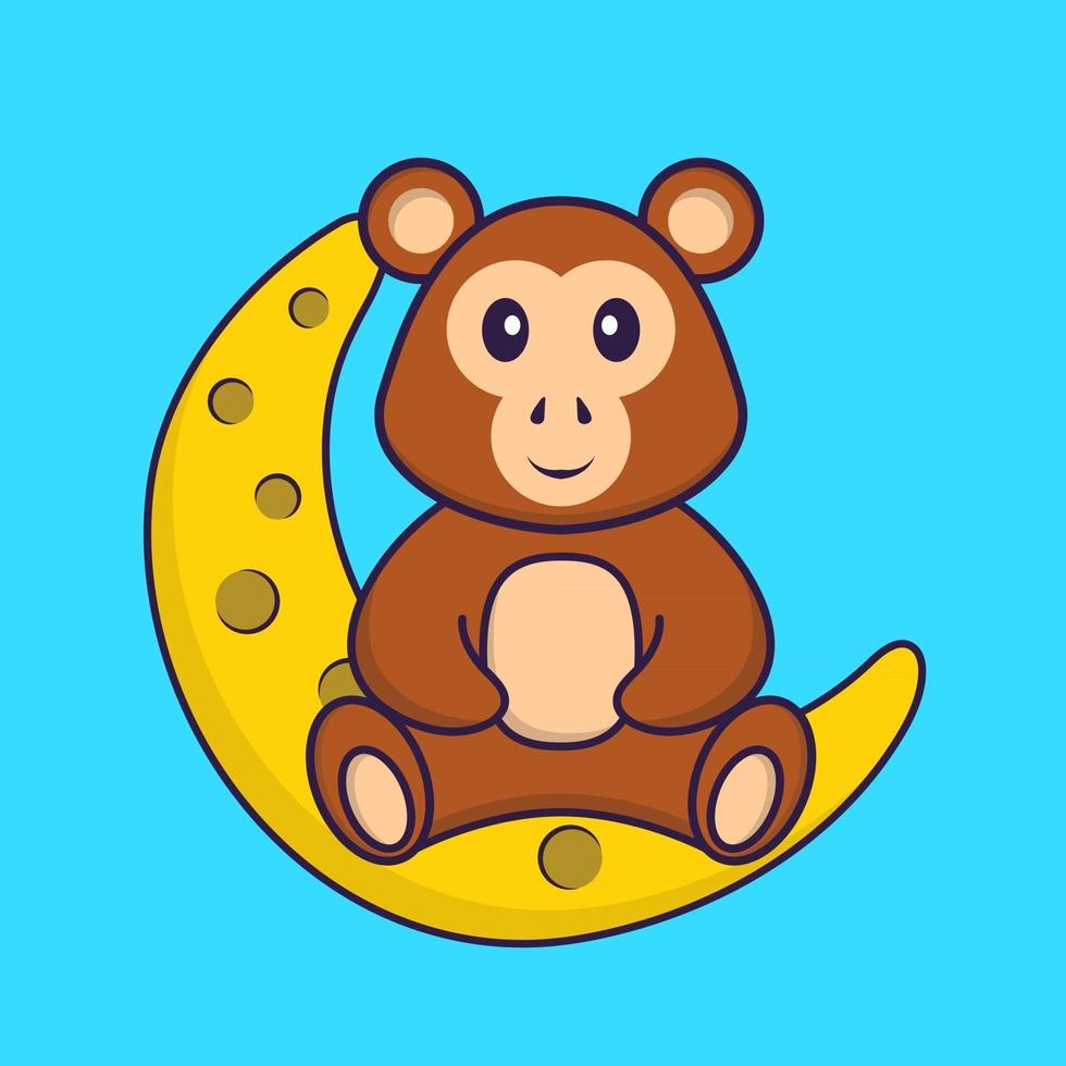 Cute monkey is sitting on the moon. Animal cartoon concept isolated. Can used for t-shirt, greeting card, invitation card or mascot. Flat Cartoon Style vector