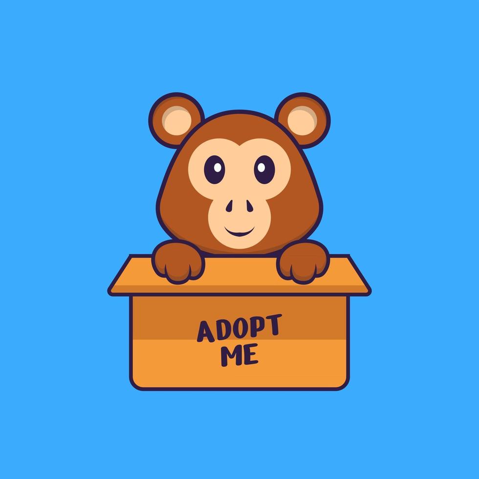 Cute monkey in box with a poster Adopt me. Animal cartoon concept isolated. Can used for t-shirt, greeting card, invitation card or mascot. Flat Cartoon Style vector