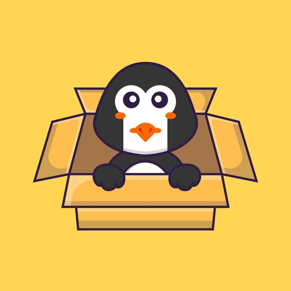 Cute penguin Playing In Box. Animal cartoon concept isolated. Can used for t-shirt, greeting card, invitation card or mascot. Flat Cartoon Style vector