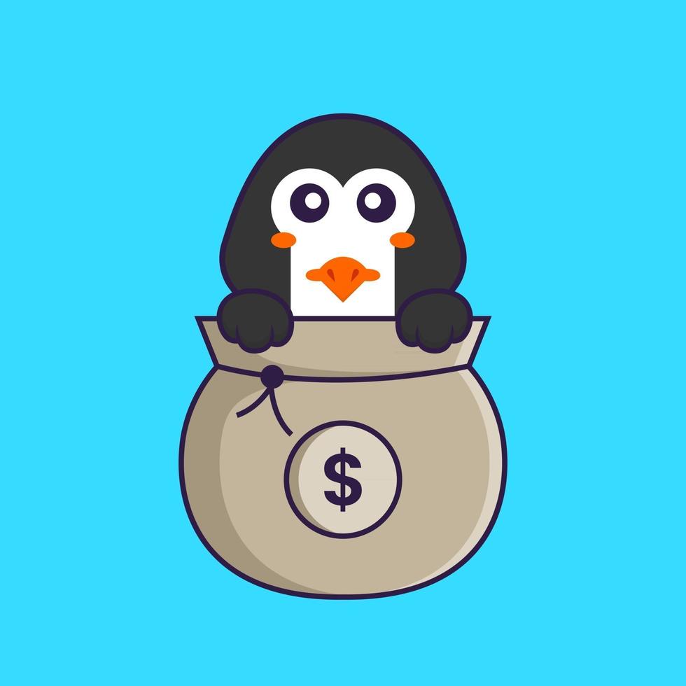 Cute penguin playing in money bag. Animal cartoon concept isolated. Can used for t-shirt, greeting card, invitation card or mascot. Flat Cartoon Style vector