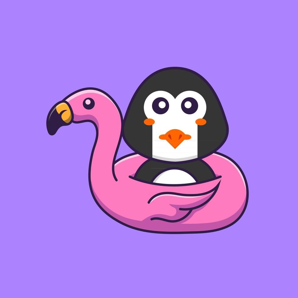 Cute penguin With flamingo buoy. Animal cartoon concept isolated. Can used for t-shirt, greeting card, invitation card or mascot. Flat Cartoon Style vector