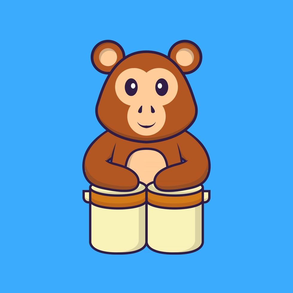 Cute monkey is playing drums. Animal cartoon concept isolated. Can used for t-shirt, greeting card, invitation card or mascot. Flat Cartoon Style vector