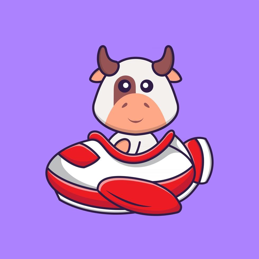 Cute cow flying on a plane. Animal cartoon concept isolated. Can used for t-shirt, greeting card, invitation card or mascot. Flat Cartoon Style vector