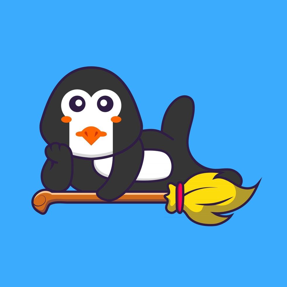 lindo pingüino acostado en una escoba mágica. aislado concepto de dibujos animados de animales. Puede utilizarse para camiseta, tarjeta de felicitación, tarjeta de invitación o mascota. estilo de dibujos animados plana vector