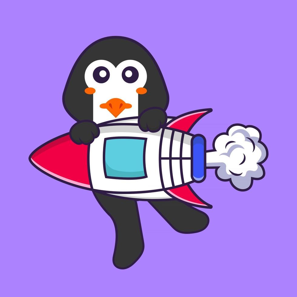 Cute penguin flying on rocket. Animal cartoon concept isolated. Can used for t-shirt, greeting card, invitation card or mascot. Flat Cartoon Style vector