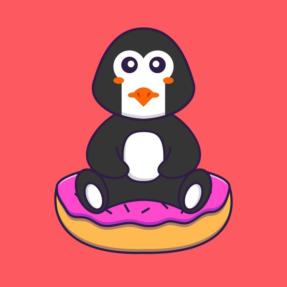 lindo pingüino está sentado sobre donas. aislado concepto de dibujos animados de animales. Puede utilizarse para camiseta, tarjeta de felicitación, tarjeta de invitación o mascota. estilo de dibujos animados plana vector