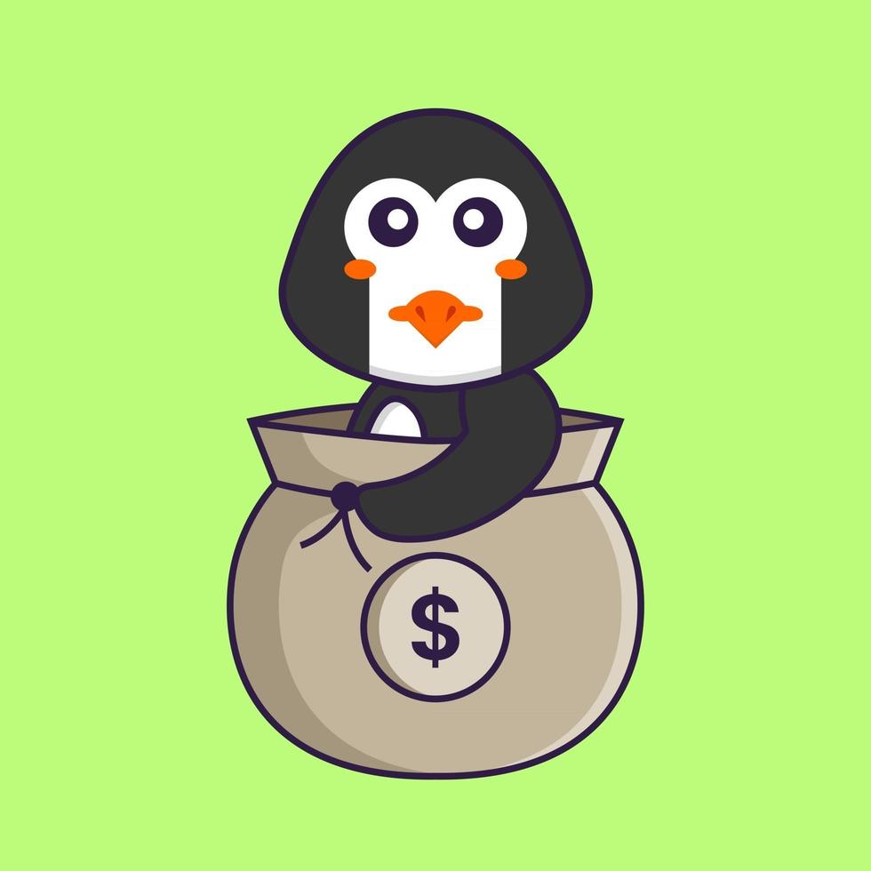 lindo pingüino en una bolsa de dinero. aislado concepto de dibujos animados de animales. Puede utilizarse para camiseta, tarjeta de felicitación, tarjeta de invitación o mascota. estilo de dibujos animados plana vector