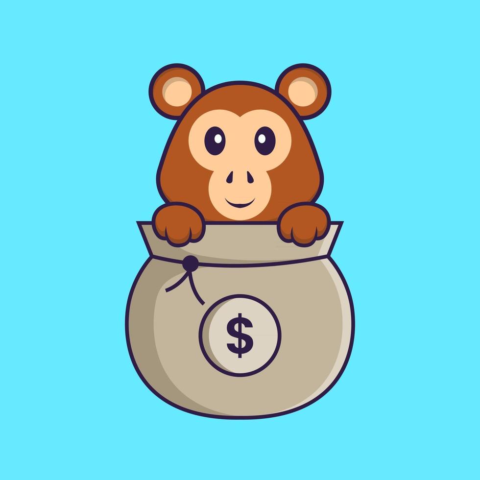 lindo mono jugando en la bolsa de dinero. aislado concepto de dibujos animados de animales. Puede utilizarse para camiseta, tarjeta de felicitación, tarjeta de invitación o mascota. estilo de dibujos animados plana vector