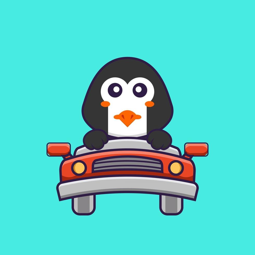 Cute penguin is driving. Animal cartoon concept isolated. Can used for t-shirt, greeting card, invitation card or mascot. Flat Cartoon Style vector