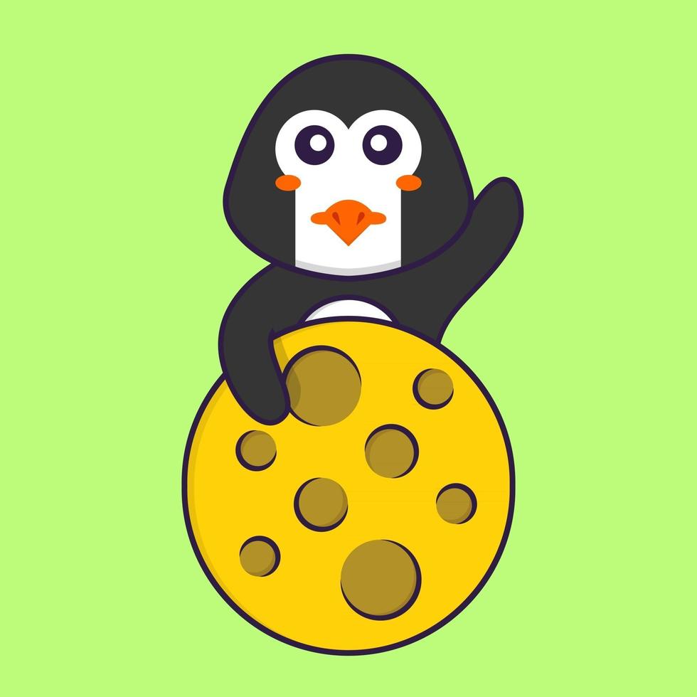 Cute penguin is on the moon. Animal cartoon concept isolated. Can used for t-shirt, greeting card, invitation card or mascot. Flat Cartoon Style vector