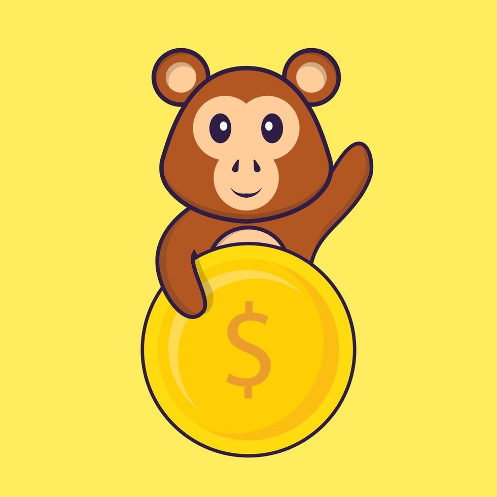 Cute monkey holding coin. Animal cartoon concept isolated. Can used for t-shirt, greeting card, invitation card or mascot. Flat Cartoon Style vector