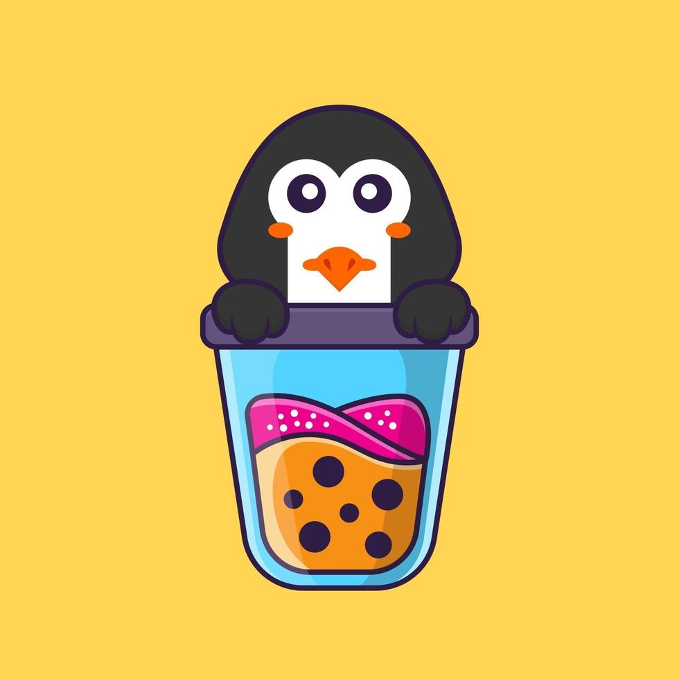 lindo pingüino bebiendo té con leche de boba. aislado concepto de dibujos animados de animales. Puede utilizarse para camiseta, tarjeta de felicitación, tarjeta de invitación o mascota. estilo de dibujos animados plana vector