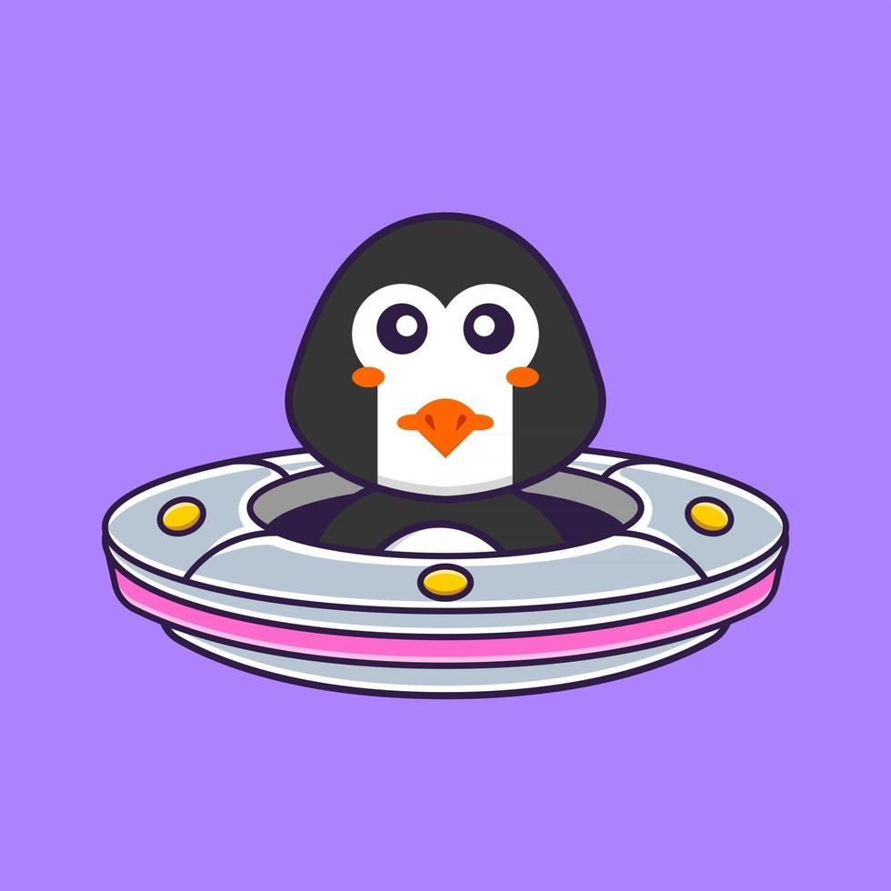 lindo pingüino conduciendo nave espacial ovni. aislado concepto de dibujos animados de animales. Puede utilizarse para camiseta, tarjeta de felicitación, tarjeta de invitación o mascota. estilo de dibujos animados plana vector