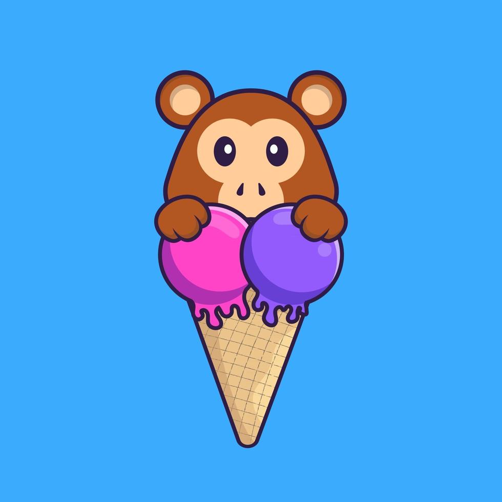 Cute monkey with sweet ice cream. Animal cartoon concept isolated. Can used for t-shirt, greeting card, invitation card or mascot. Flat Cartoon Style vector