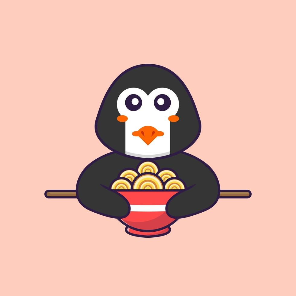 Cute penguin eating ramen noodles. Animal cartoon concept isolated. Can used for t-shirt, greeting card, invitation card or mascot. Flat Cartoon Style vector