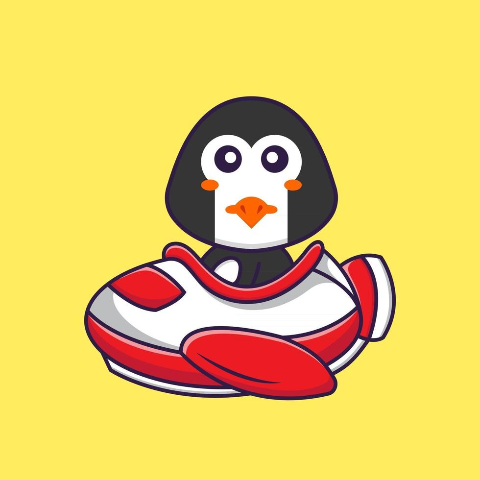 Cute penguin flying on a plane. Animal cartoon concept isolated. Can used for t-shirt, greeting card, invitation card or mascot. Flat Cartoon Style vector