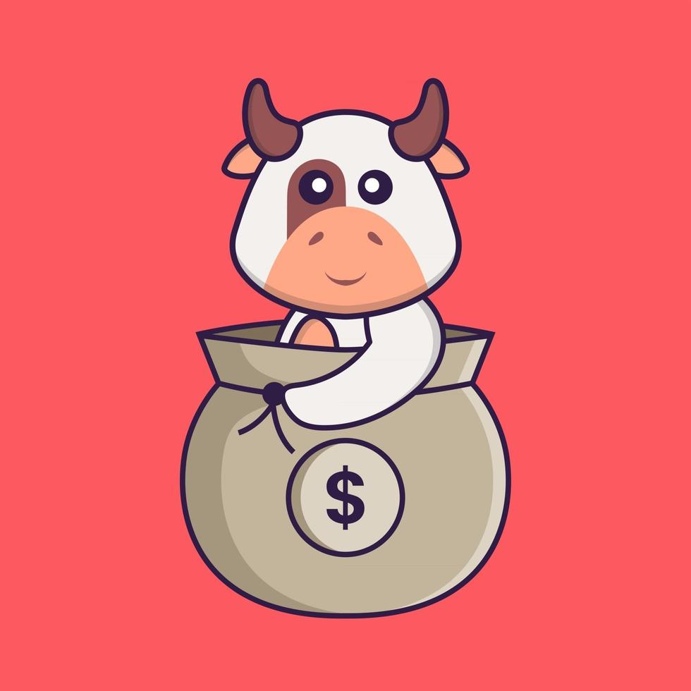 Cute cow in a money bag. Animal cartoon concept isolated. Can used for t-shirt, greeting card, invitation card or mascot. Flat Cartoon Style vector