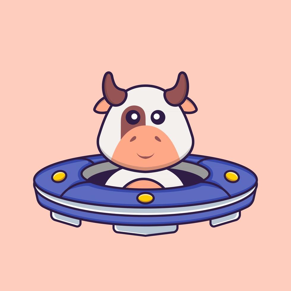 Cute cow Driving Spaceship Ufo. Animal cartoon concept isolated. Can used for t-shirt, greeting card, invitation card or mascot. Flat Cartoon Style vector