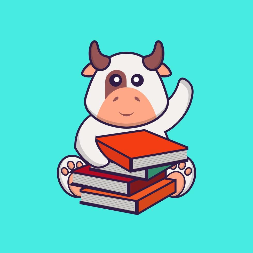 Cute cow reading a book. Animal cartoon concept isolated. Can used for t-shirt, greeting card, invitation card or mascot. flat cartoon style vector