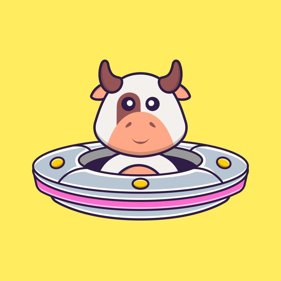Cute cow Driving Spaceship Ufo. Animal cartoon concept isolated. Can used for t-shirt, greeting card, invitation card or mascot. Flat Cartoon Style vector