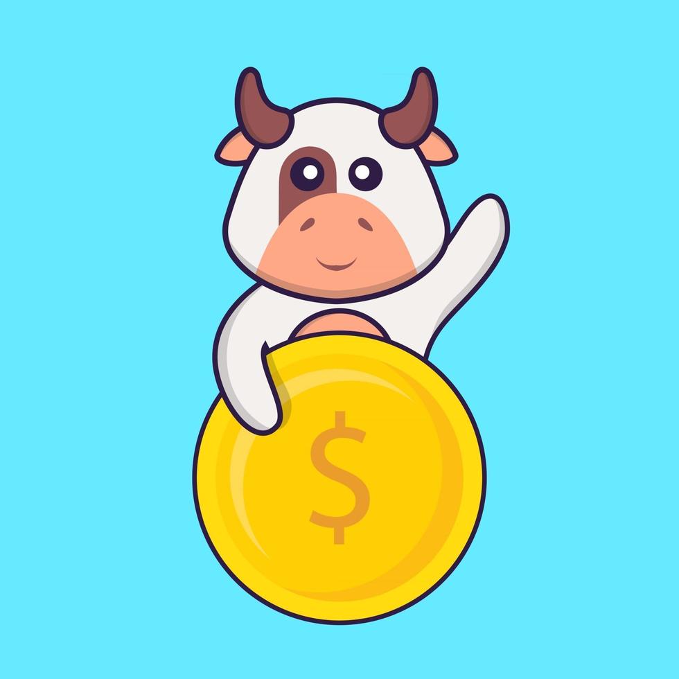 Cute cow holding coin. Animal cartoon concept isolated. Can used for t-shirt, greeting card, invitation card or mascot. Flat Cartoon Style vector