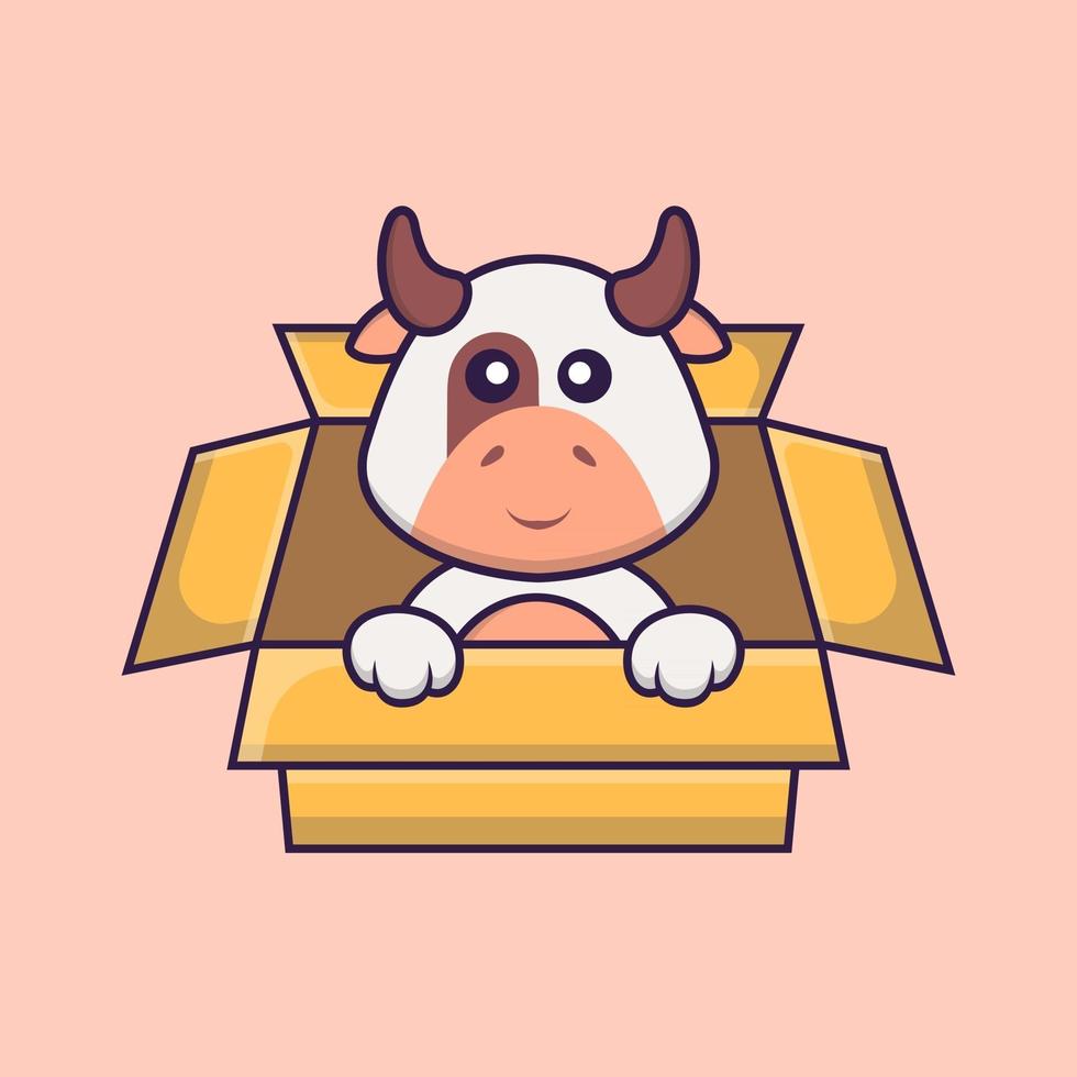 Cute cow Playing In Box. Animal cartoon concept isolated. Can used for t-shirt, greeting card, invitation card or mascot. Flat Cartoon Style vector