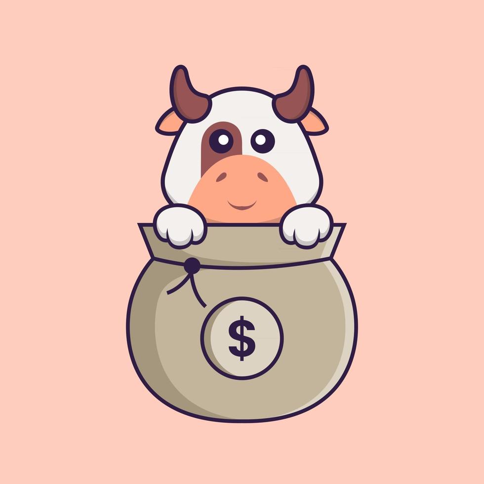 Cute cow playing in money bag. Animal cartoon concept isolated. Can used for t-shirt, greeting card, invitation card or mascot. Flat Cartoon Style vector