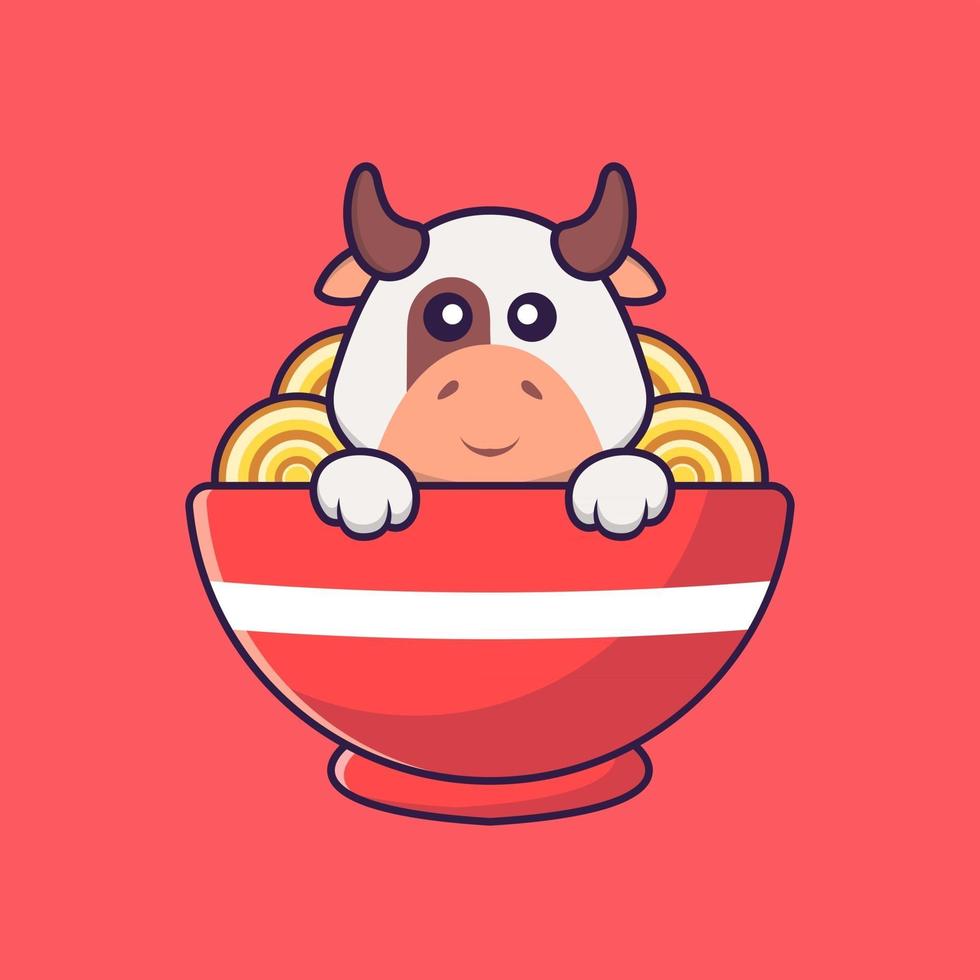 Cute cow eating ramen noodles. Animal cartoon concept isolated. Can used for t-shirt, greeting card, invitation card or mascot. Flat Cartoon Style vector