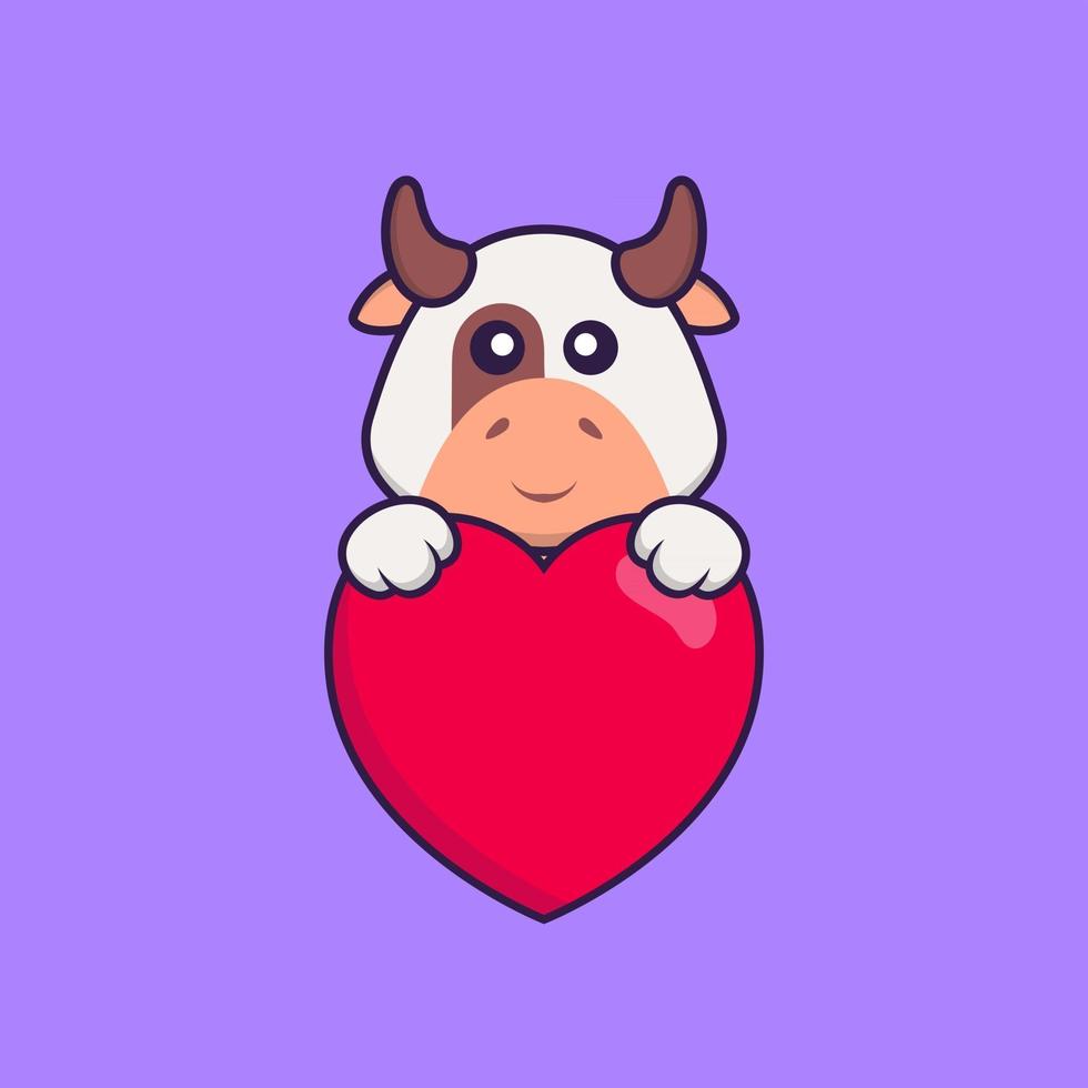 Cute cow holding a big red heart. Animal cartoon concept isolated. Can used for t-shirt, greeting card, invitation card or mascot. Flat Cartoon Style vector