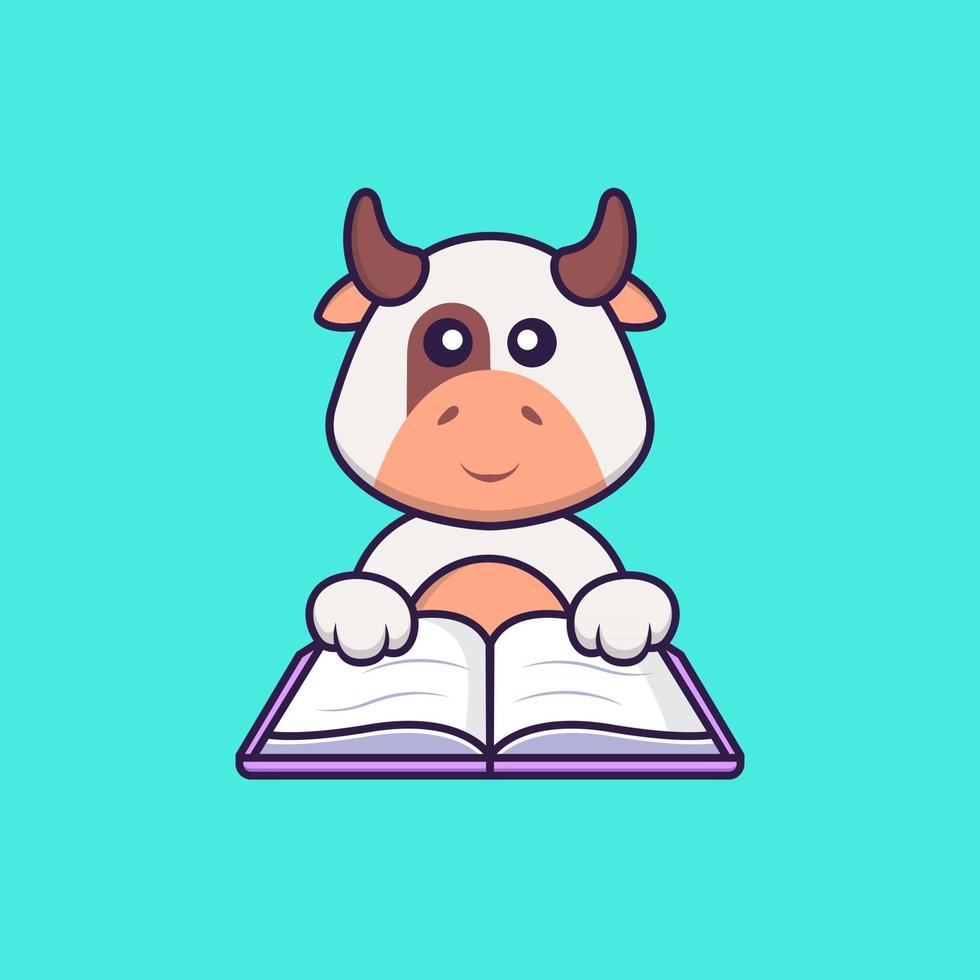 Cute cow reading a book. Animal cartoon concept isolated. Can used for t-shirt, greeting card, invitation card or mascot. Flat Cartoon Style vector